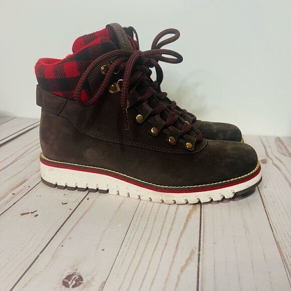 Cole Haan Shoes - Cole Haan Grand Explore Brown Suede Ankle Boots Wool Buffalo Plaid Red Black Sz